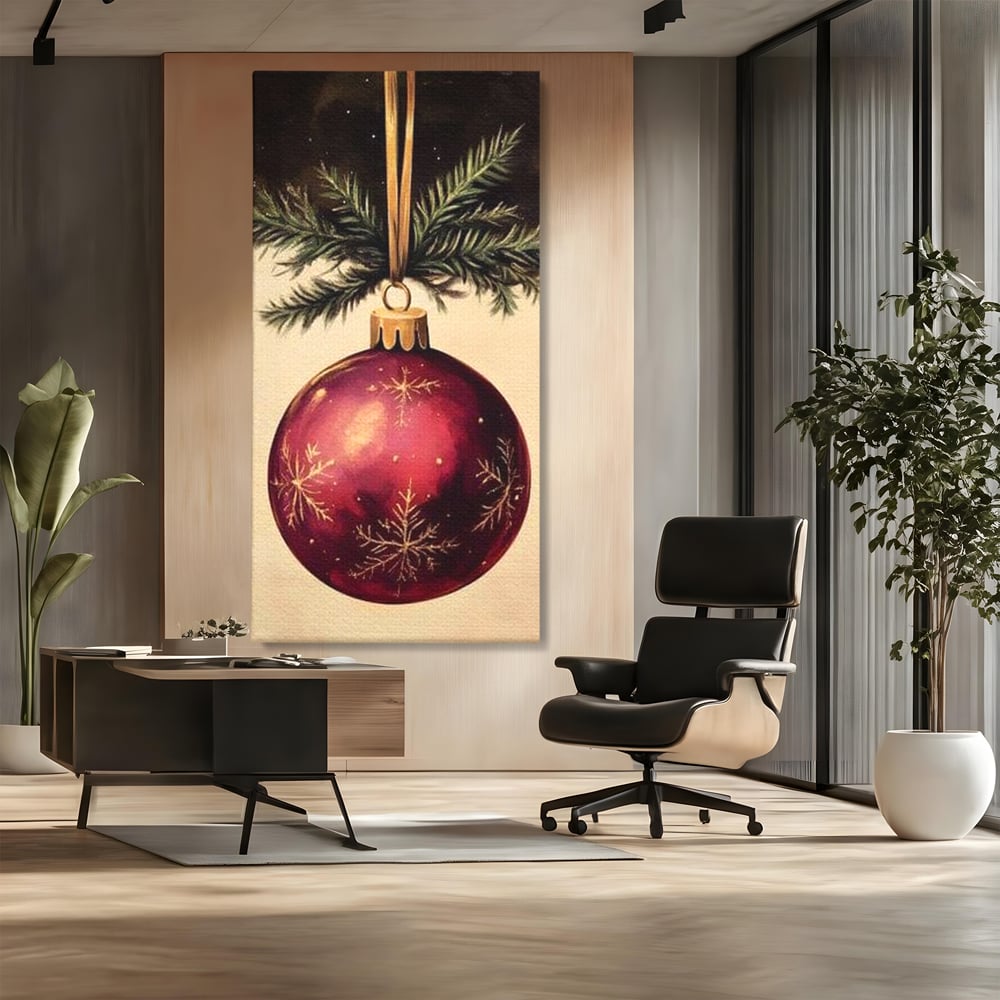 Tablou canvas cu tablou canvas cu glob de craciun visiniu, fara rama, pe sasiu de lemn, pe perete intr-un birou